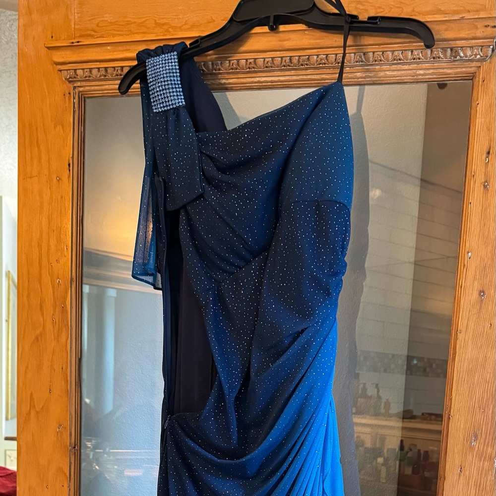 Betsy & Allen Elegant Blue sparkle one shoulder Evening Dress